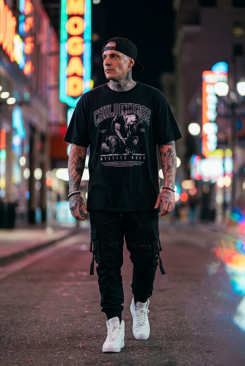 Tony — founder of Memento Mori, walking city streets at night