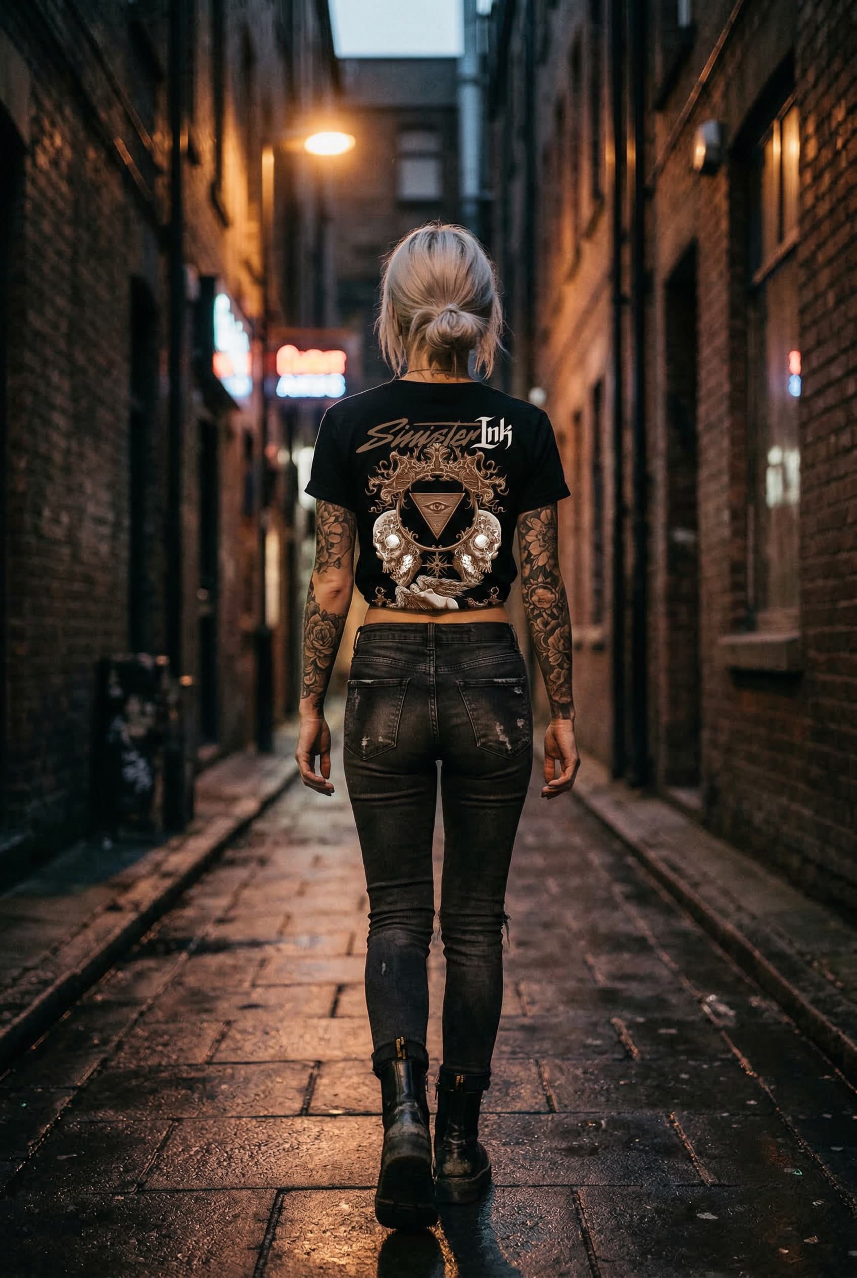 Fallen Angel Tee — Female Model Urban Back View