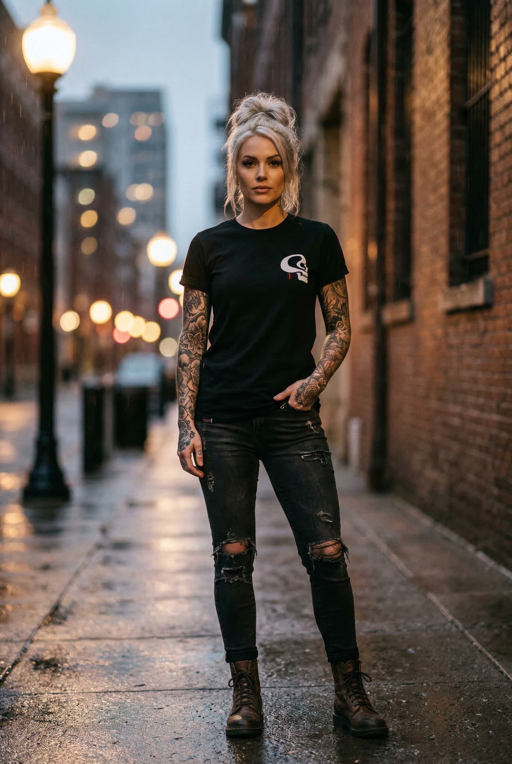 Fallen Angel Tee — Female Model Urban Front View