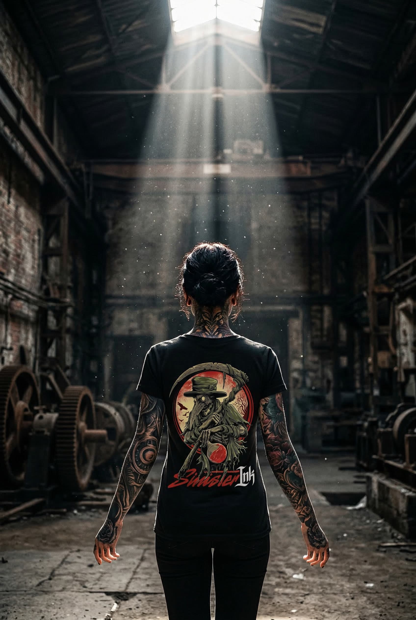 Plague Doctor Tee — Female Model Dramatic Back View