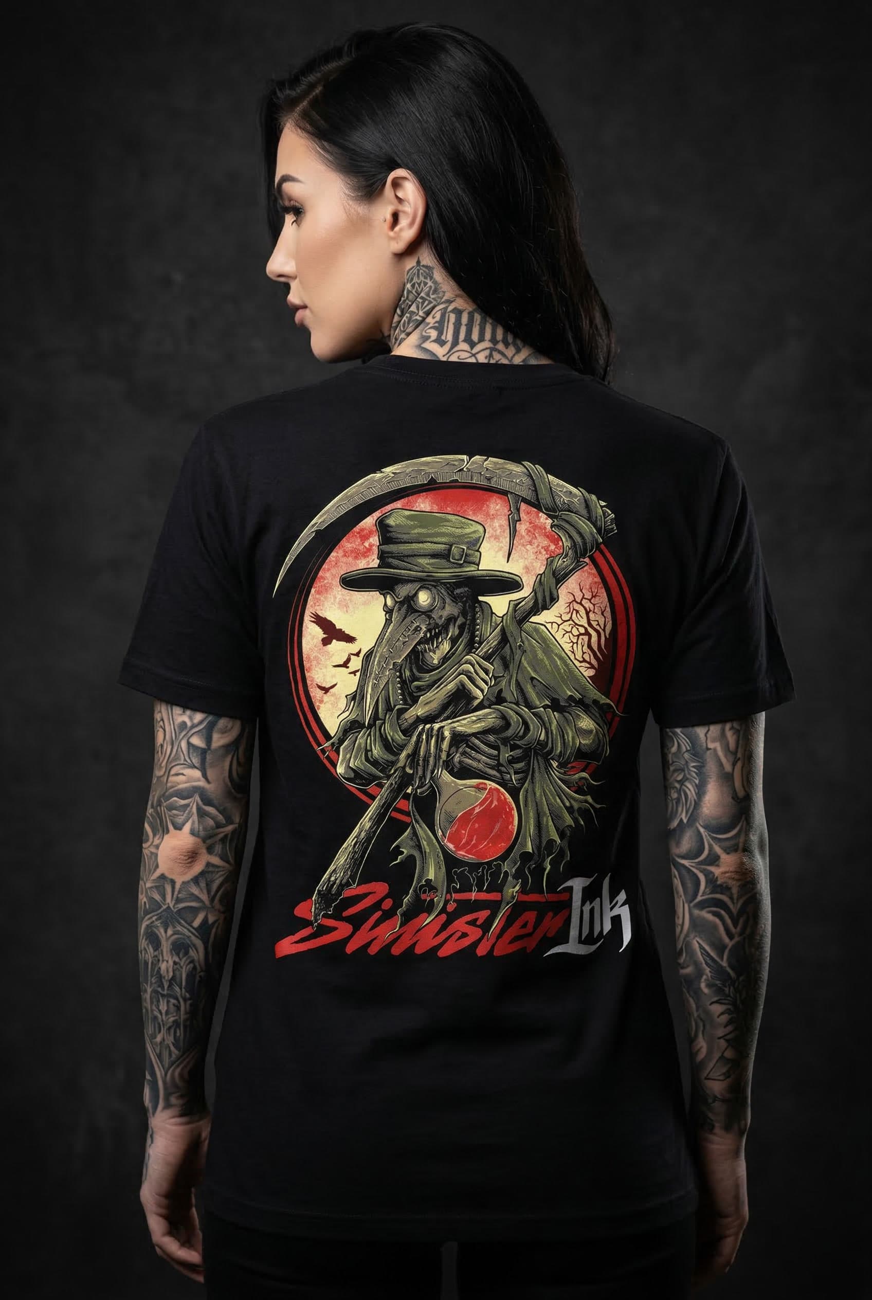 Plague Doctor Tee — Female Model Studio Back View