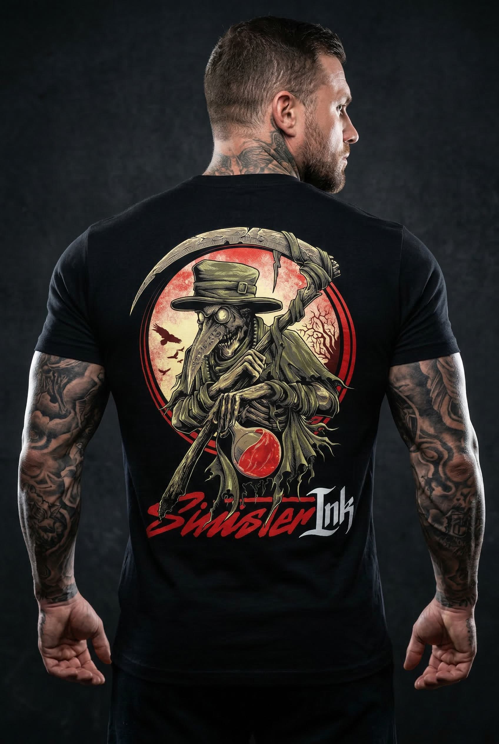 Plague Doctor Tee — Male Model Studio Back View Alt
