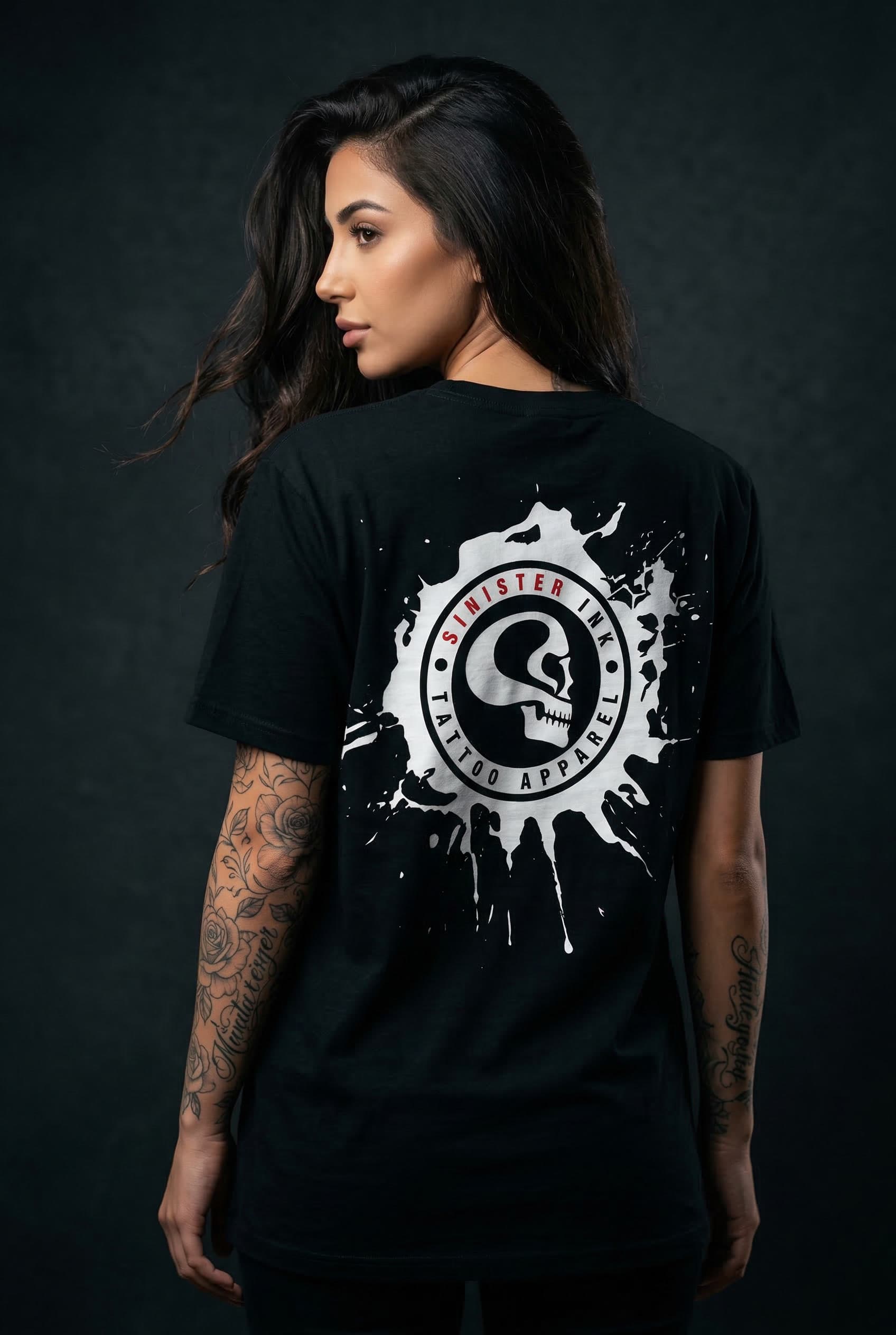 Sinister Ink Original Tee — Female Model Studio Back View