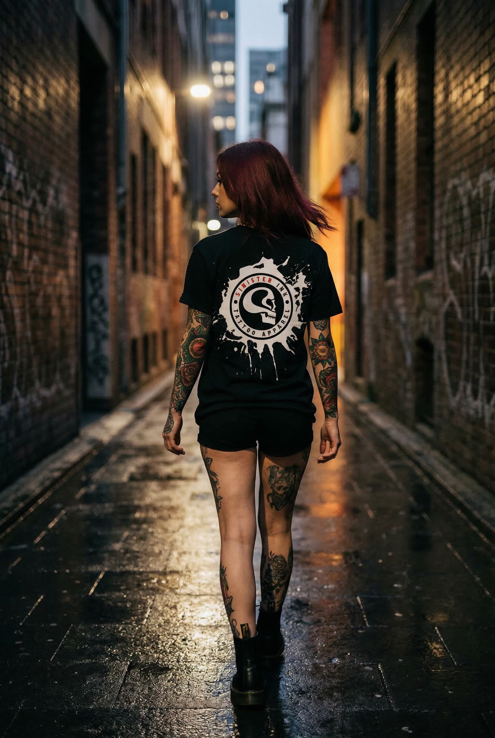 Sinister Ink Original Tee — Female Model Urban Back View