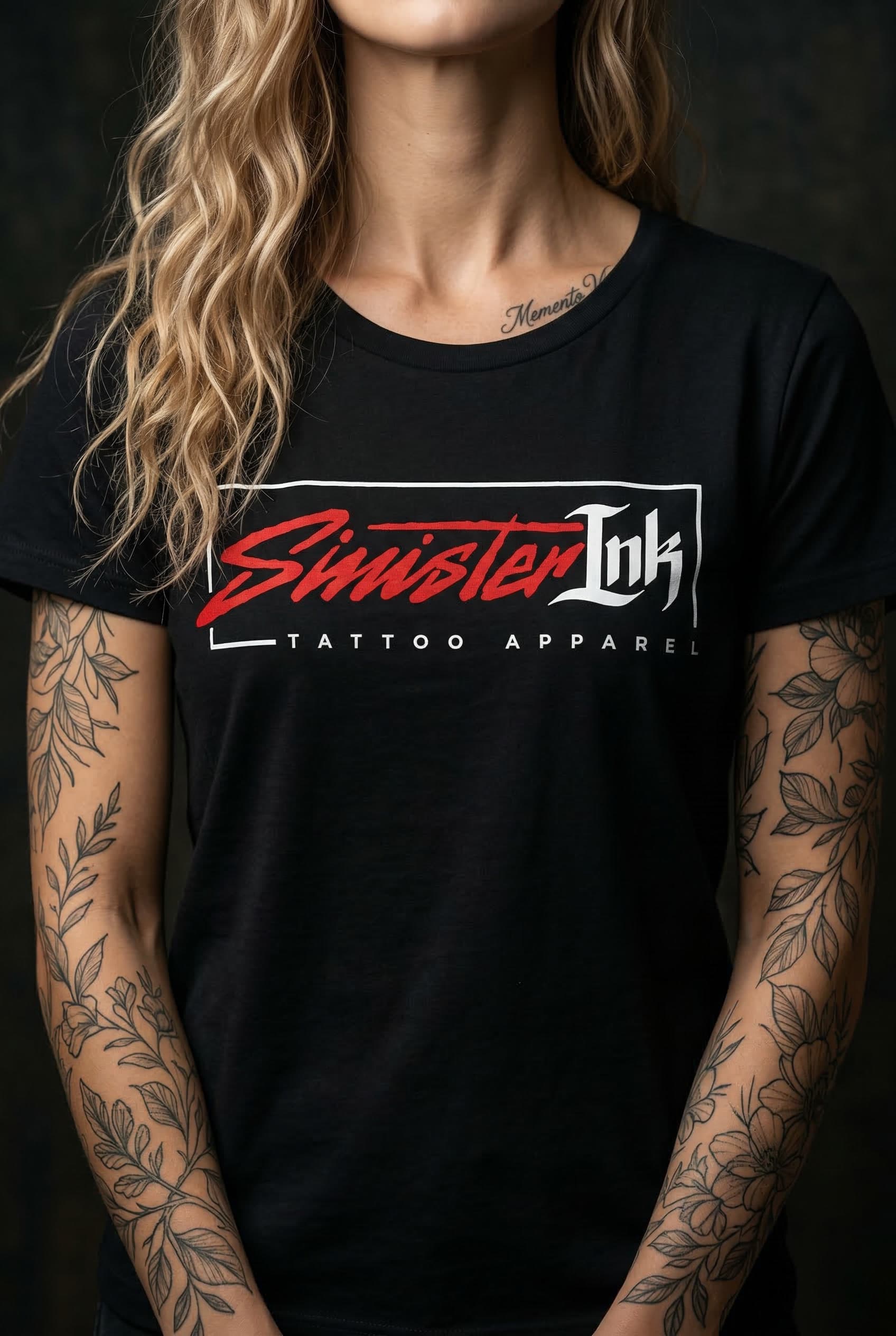 Sinister Ink Original Tee — Female Model Close-Up Front