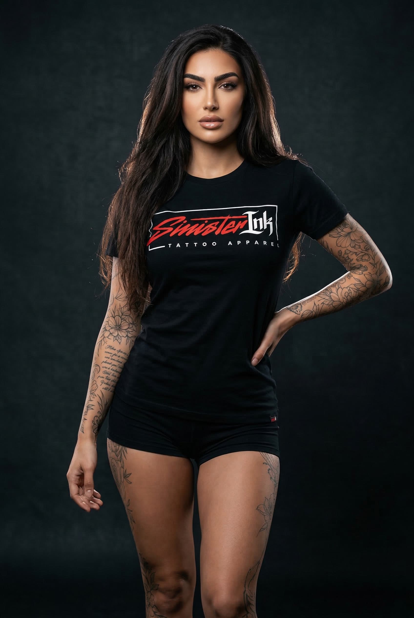 Sinister Ink Original Tee — Female Model Studio Front View