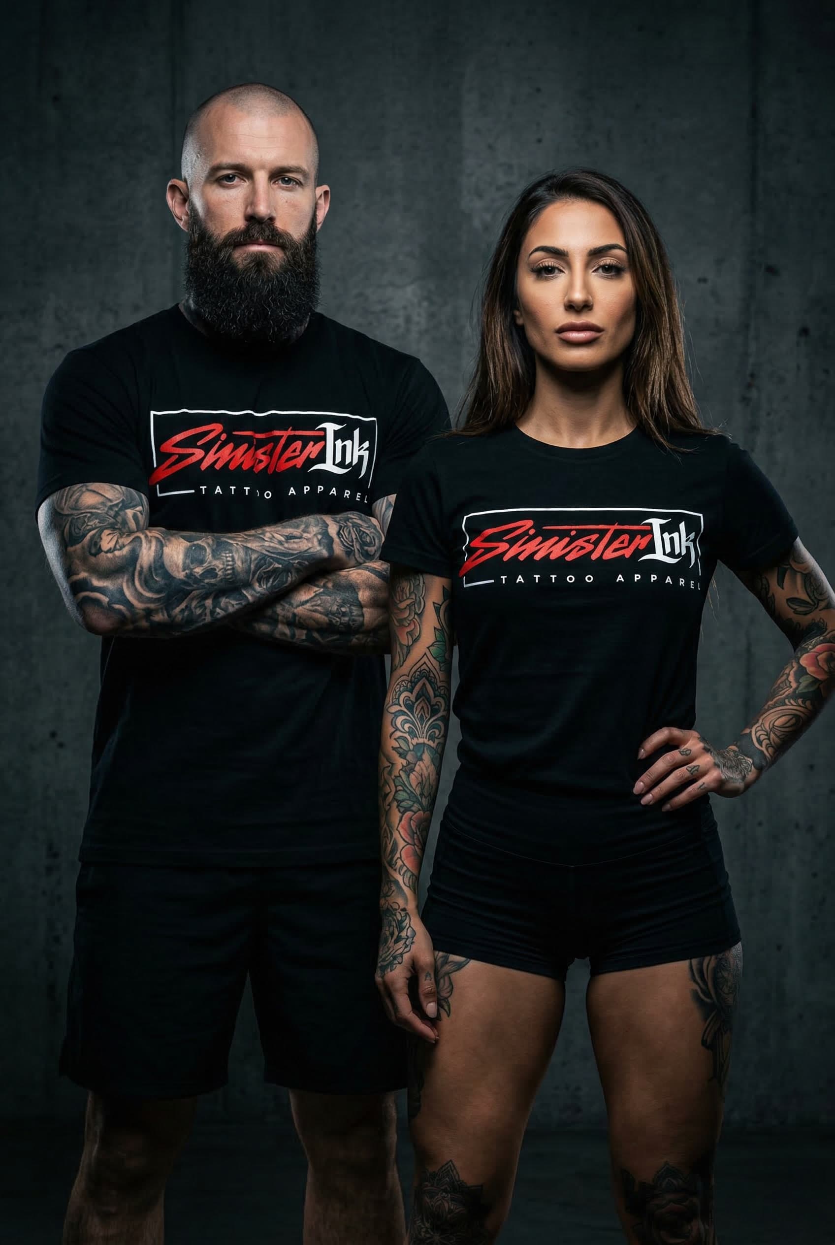 Sinister Ink Original Tee — Male & Female Models Front View Studio