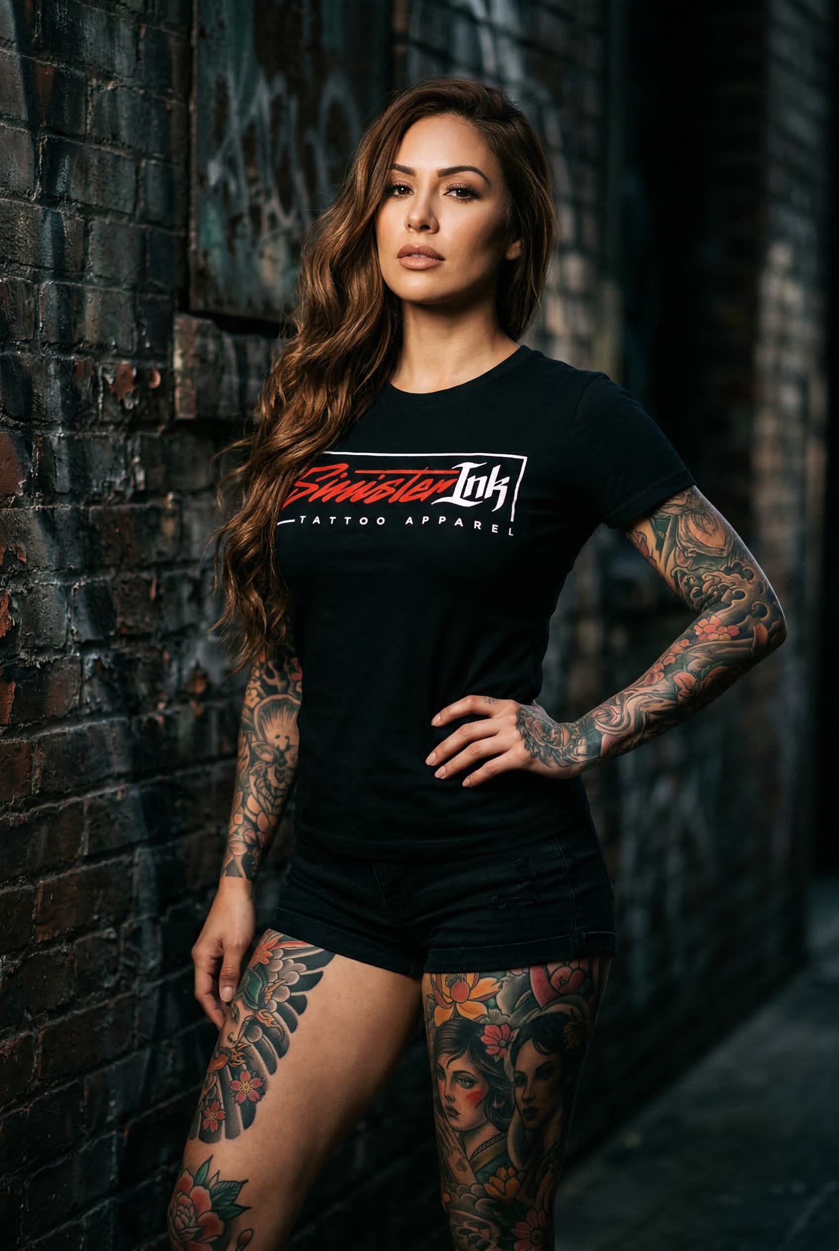 Sinister Ink Original Tee — Female Model Three-Quarter Front
