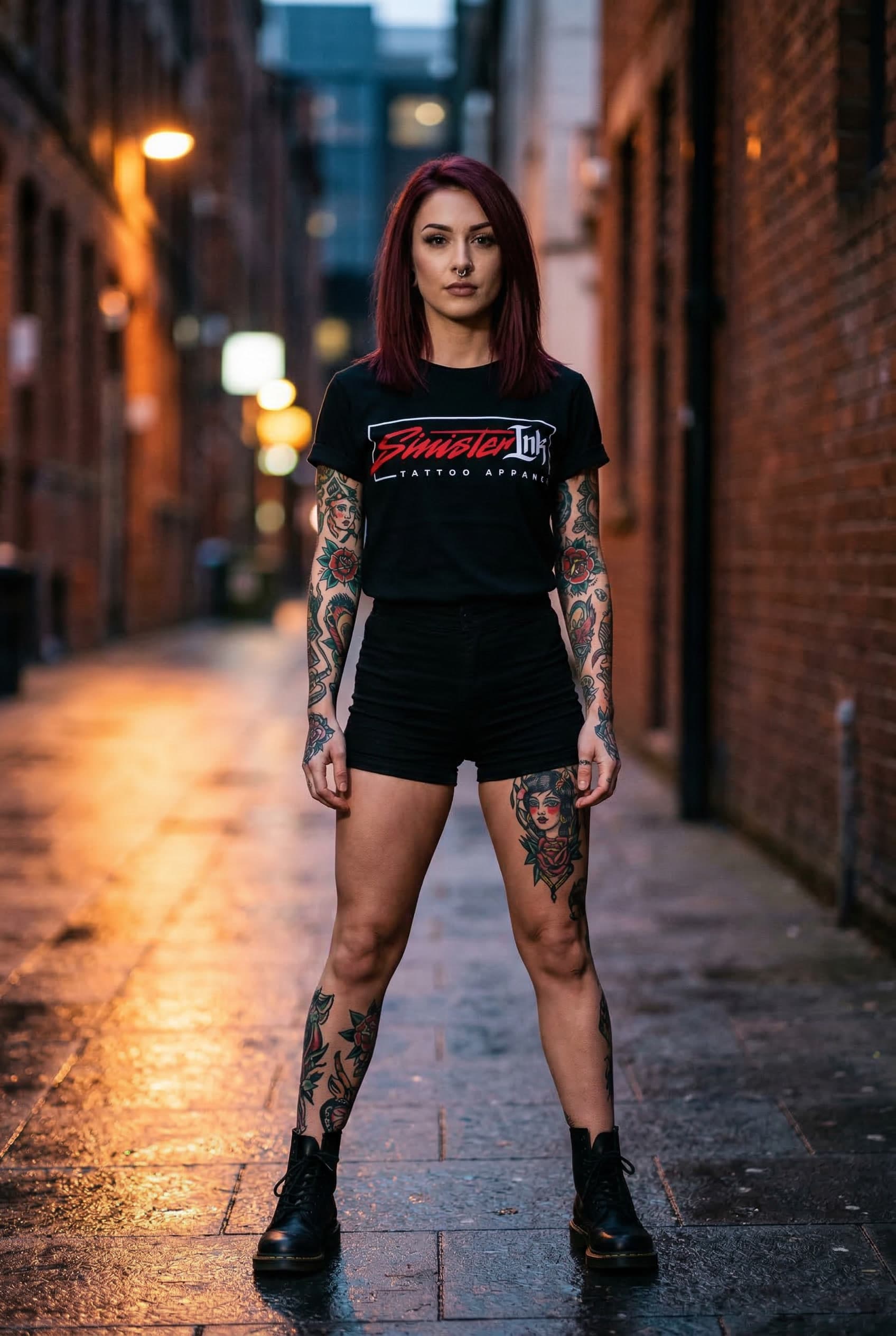 Sinister Ink Original Tee — Female Model Urban Front View