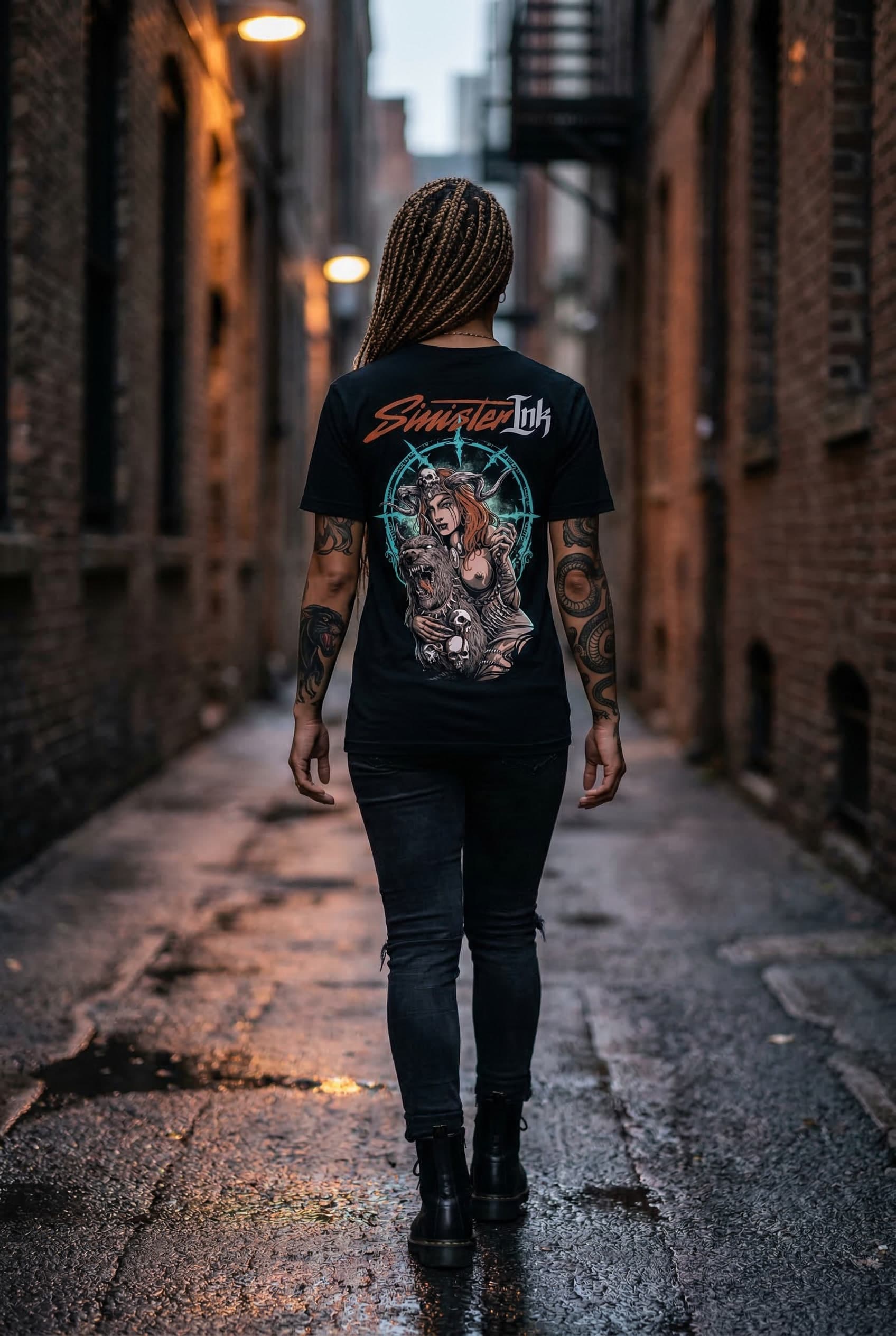 Sigyn Tee — Female Model Urban Back View