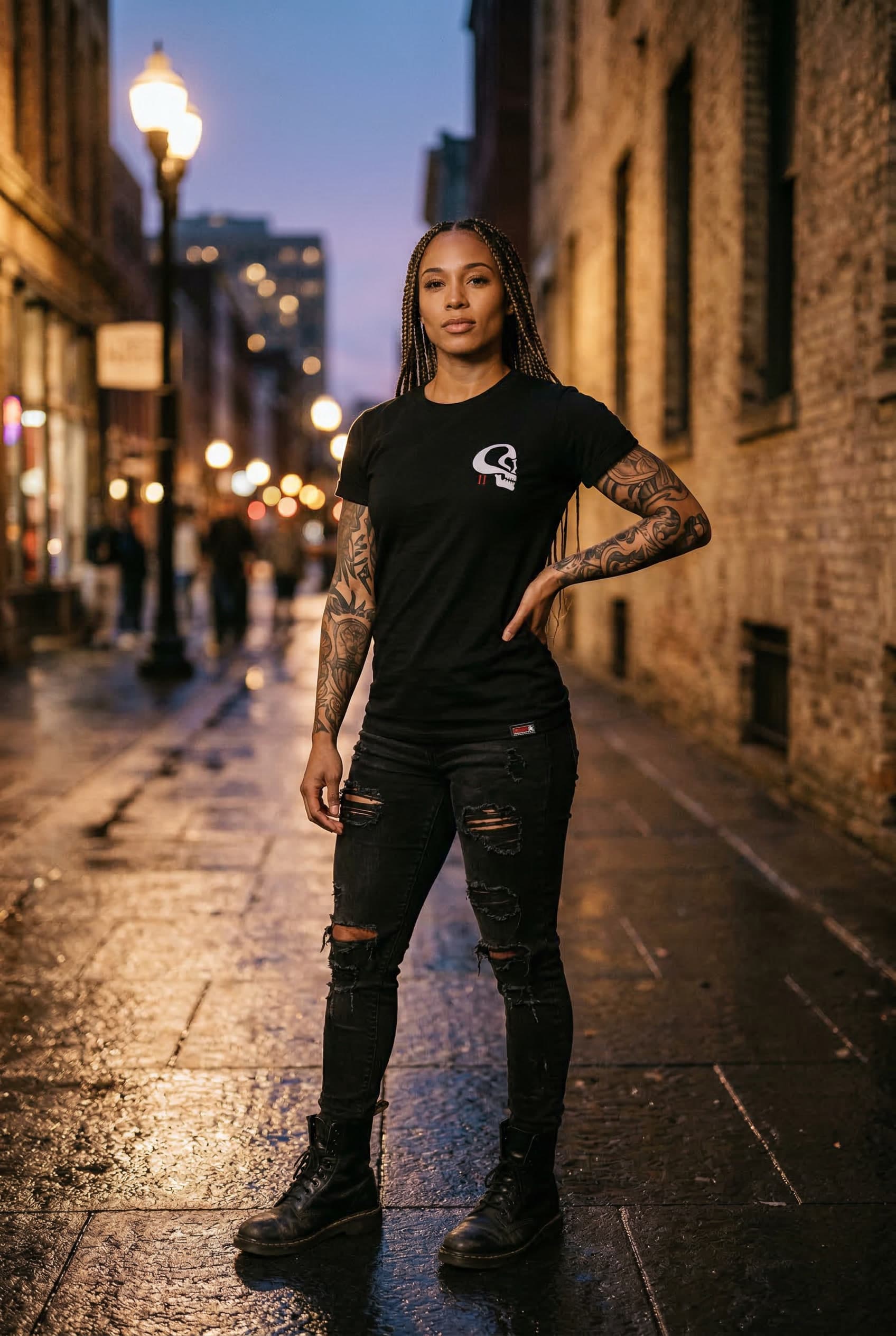 Sigyn Tee — Female Model Urban Front View