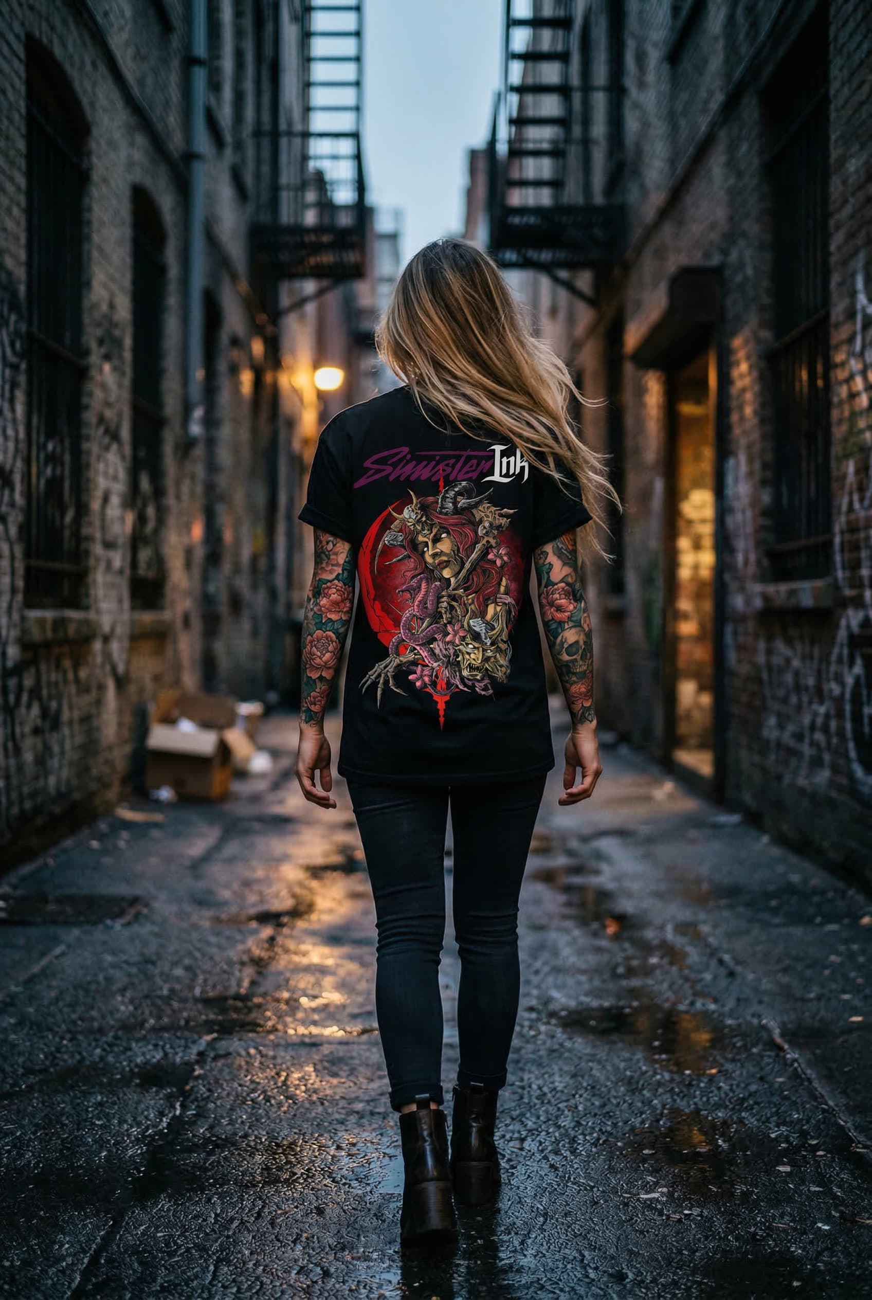 Succubus Tee — Female Model Urban Back View