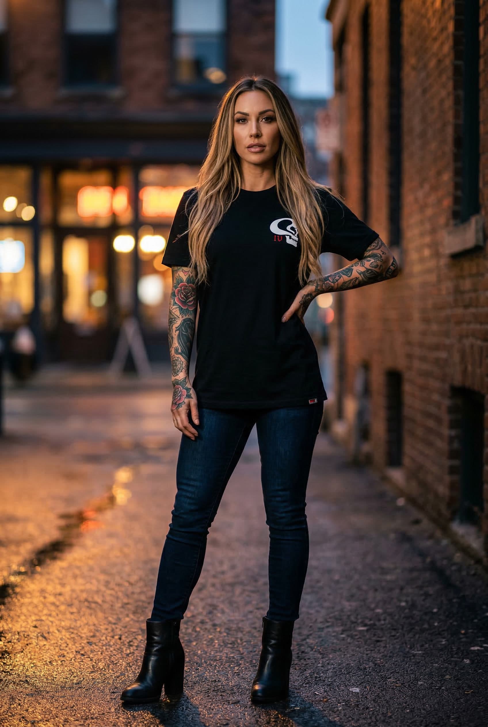 Succubus Tee — Female Model Urban Front View